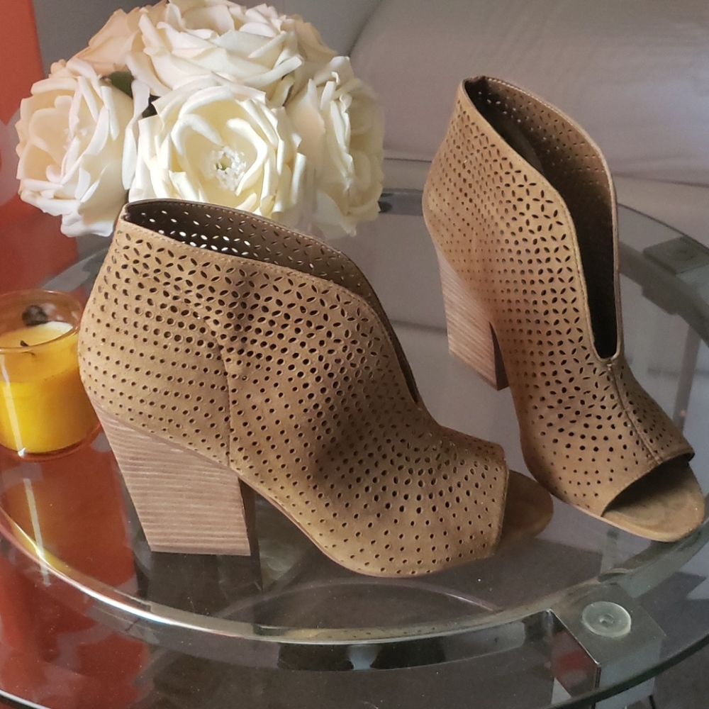 Brown suede open toe booties